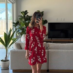Divided | Red Dress with Pink Floral Pattern